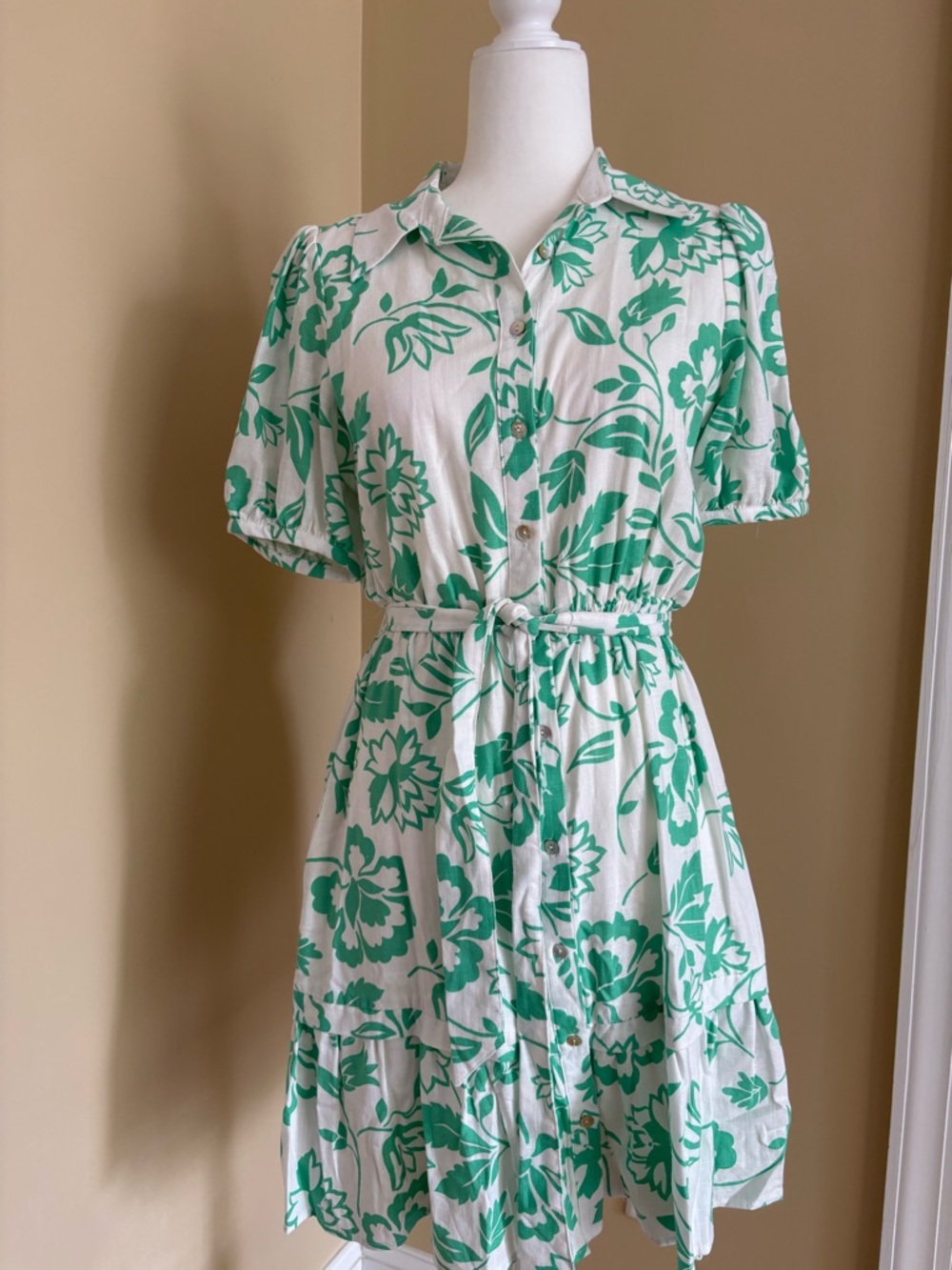 Draper James White and Green Floral Tie-Waist Shirt Dress
